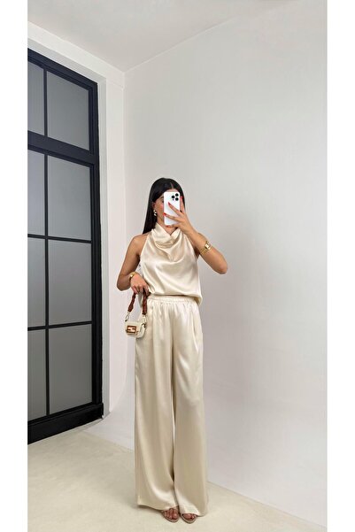 Gaus Taş Degaje Yaka Bluz Beli Lastikli Pantolon Saten Takım GAUS-01222