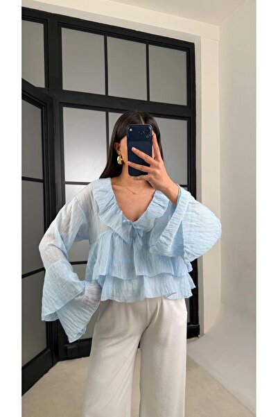 Gaus Mavi Fırfır Detaylı Transparan Bluz GAUS-01233