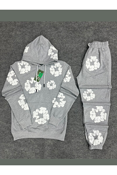 TRS YB GİYİM Unisex Oversize 2 İplik Eşofman Takım Kabartmalı Çiçek Desenli H...