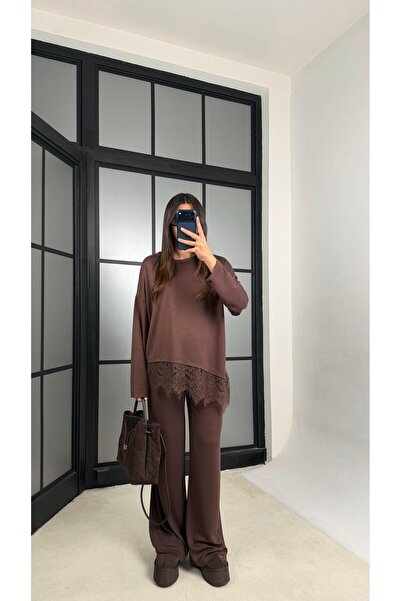 Gaus Kahve Dantel Detaylı Beli Lastikli Modal İkili Takım GAUS-01207
