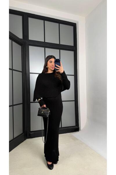 Gaus Siyah Elbise Pelerin Triko İkili Takım GAUS-01194