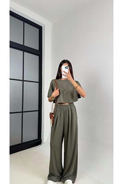 Gaus Haki Crop Beli Lastikli Palazzo Eşofman İkili Modal Kumaş Takım GAUS-01219