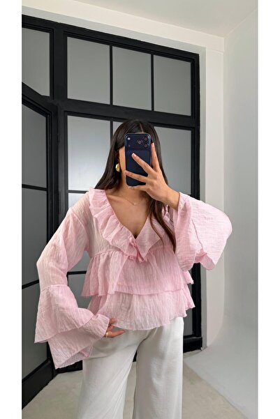 Gaus Pembe Fırfır Detaylı Transparan Bluz GAUS-01233