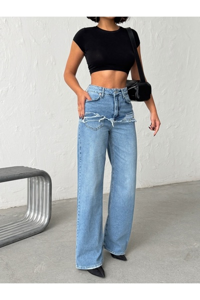 ADAMODA.RO Τζιν φαρδύ μπατζάκι μπατζάκια και εκδορές μπροστά, στην περιοχή τω...