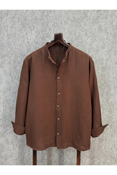 FıttingRoom Oversized Apolet Folded Cotton Muslin Brown Judge Collar Shirt
