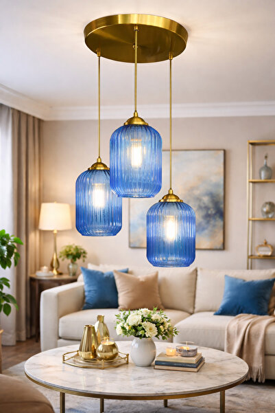 MINIMAL ETICARET VE BILGI TEKNOLOJILERI Lotus TRİO Royal Blue Plafonyer Cam A...