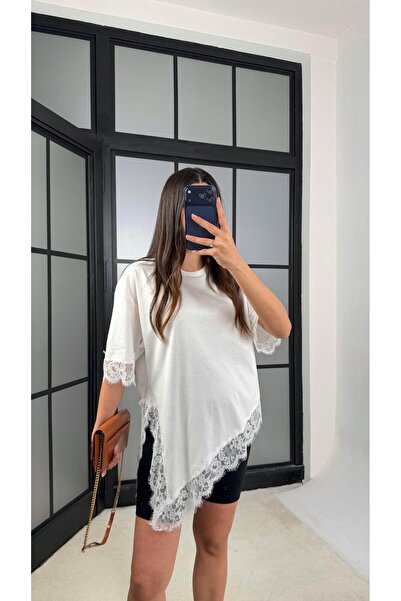 Gaus Ekru Asimetrik Dantel Detaylı Tshirt GAUS-01164