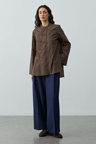 Fahhar Britli Çizgili Gömlek Kahverengi