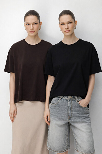 Mixray 48522 Жіноча футболка оверсайз з розрізом, 100% бавовна, 2 шт., кавово...