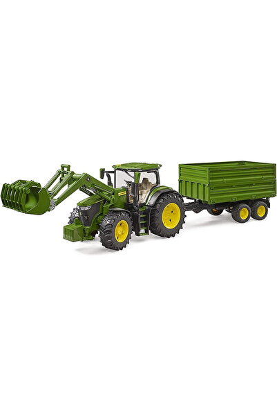 Bruder John Deere 7R 350 with front loader and tandem axle transport trailer,...