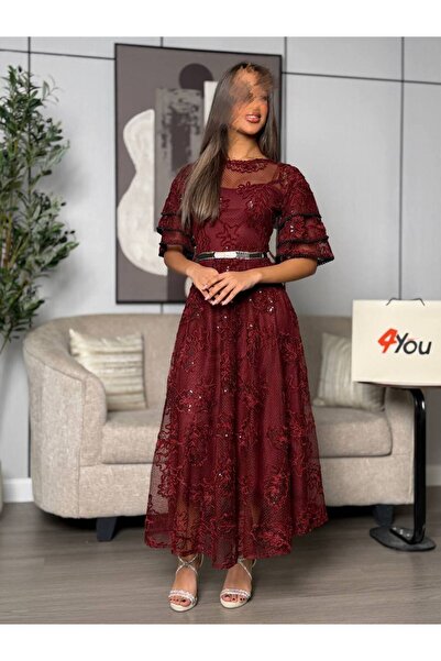 Generic Burgundy midi dress with lace embroidery, elegant belt, and sheer sle...