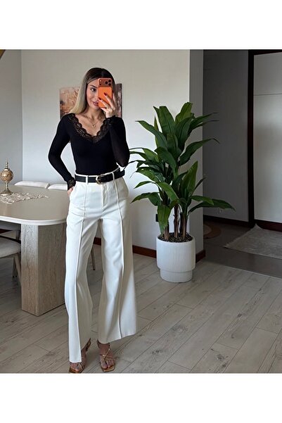 Dilvin 72276 Şerit Detayli Kemerli Beyaz Kumaş Pantolon