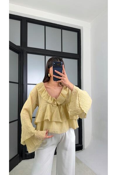 Gaus Yağ Yeşili Fırfır Detaylı Transparan Bluz GAUS-01233