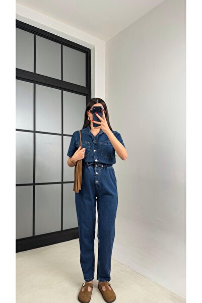 Gaus Mavi Beli Lastikli Düğme Detaylı Denim Tulum gaus-01208