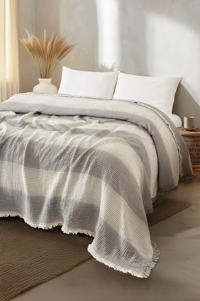 LLC Loomline Antrasit 4 Katlı Armürlü Çift Kişilik Müslin Pike Yatak Örtüsü 220x240 cm %100 Pamuk