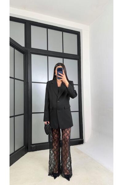 Gaus Black Lined Padded Shoulders Jacket with Elastic Waist Lace Pants Double...