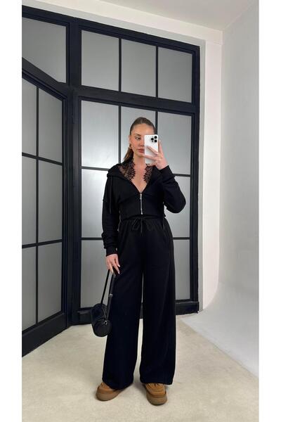 Gaus Siyah Dantel Detaylı Hırka Beli Lastikli Eşofman Takım GAUS-01226