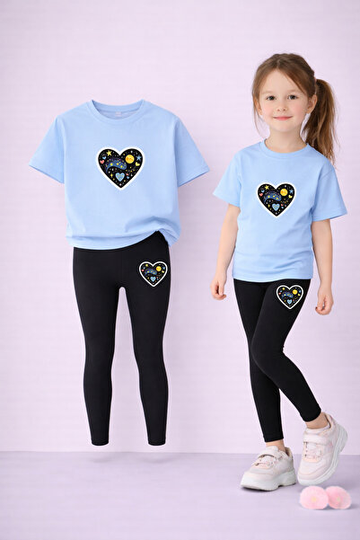 LORVEX Girl's T-Shirt and Stretchy Leggings Set Children's Set %100 Cotton Bl...