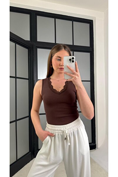 Gaus Kahve Dantel Detaylı Triko Atlet GAUS-01221