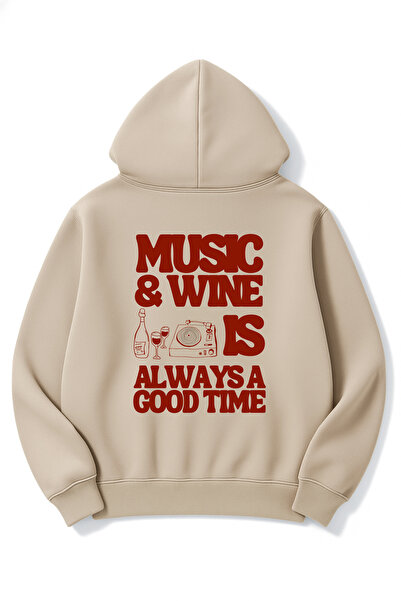 Altair Tr Oversized Unisex Music and Wine Printed Hooded Sweatshirt