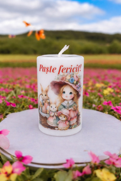 OEM Easter Decorative Candle 10x6 cm, 250g, Girl with Bunnies Pattern, "Happy...