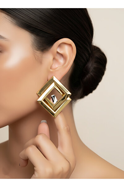 Eva Takı Store أقراط مزدوجة مربعة الشكل حلزونية الشكل ذهبية اللون مقاس 5 سم