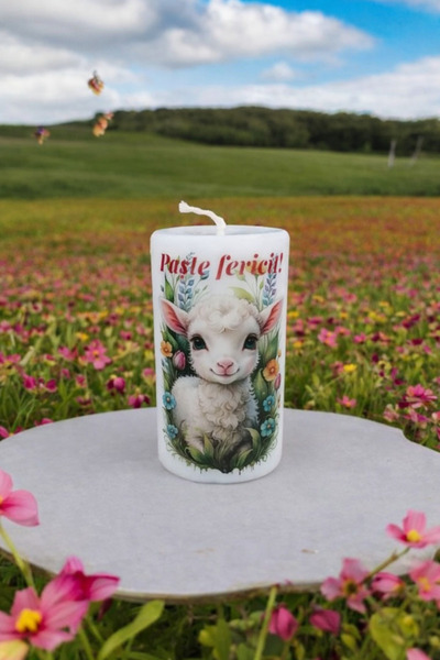 OEM Easter Candle 10x6 cm, 250g, Floral Lamb Pattern, "Happy Easter" message