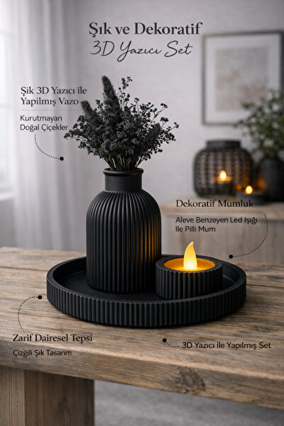 ESENLİWE Modern Dekoratif 3D Baskı Vazo Mumluk Tepsi Seti