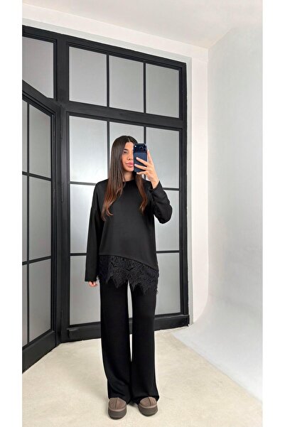 Gaus Siyah Dantel Detaylı Beli Lastikli Modal İkili Takım GAUS-01207