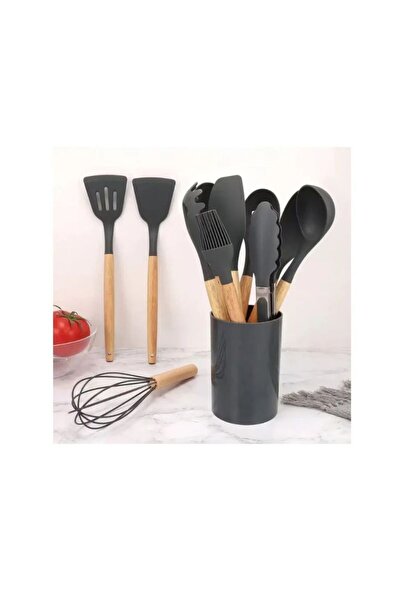 OEM Set of 12 silicone kitchen utensils with wooden handles, resistant to hig...