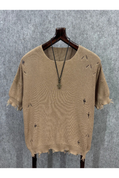 FıttingRoom Oversized Laser-Eroded Earth Knitwear Tshirt
