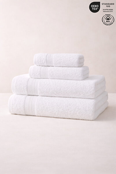 Ellaline 4-Piece Bath Towel Set 100% Cotton Certified Diamond Border Towel Se...