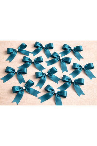 CYB STUDİO Petrol Blue Satin Pearl Bow Ribbon 2 cm (10 Pieces)