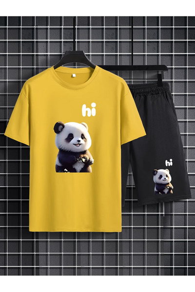 Rayan & Hoor Style Panda Printed Shorts T-Shirt Set Streetwear Bottom Top Com...