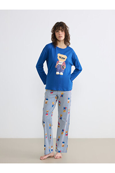 LCW STEPS Costum de pijama pentru femei LCW DREAM Navy Blue Bear Teddy cu imp...
