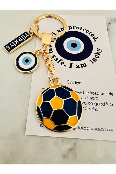 Talia&Talia Yellow Navy Blue Fan Keychain - Nazar Beaded Metal Keychain , Car Key