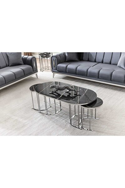 Nokta Sehpa Home SET 2+1 OVAL ORTA SEHPA YUVARLAK 3LÜ ZİGON SEHPA GÜMÜŞ METAL...