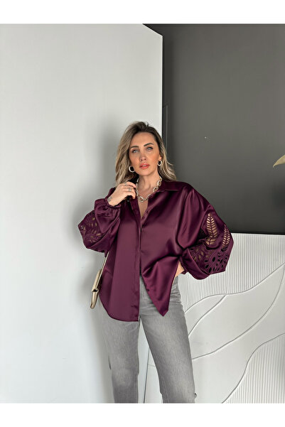 Zerrincan Giyim Mürdüm Saten Balon Kol Nakışlı Gömlek