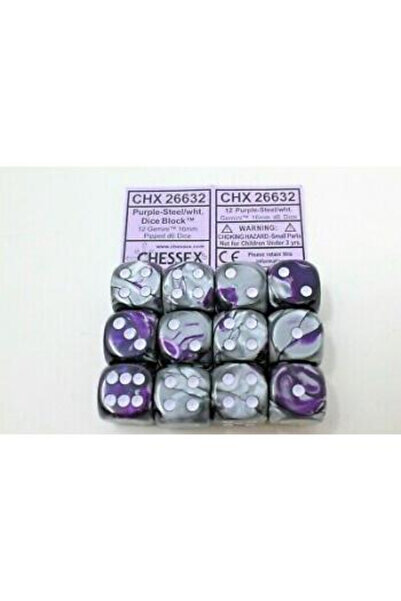 Chessex Gemini 16mm d6 with pips Dice Blocks (12 Dice) - Purple-Steel w/white