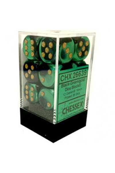 Chessex Zaruri Gemini 16mm d6 cu puncte (12 zaruri) - Negru-Verde cu auriu