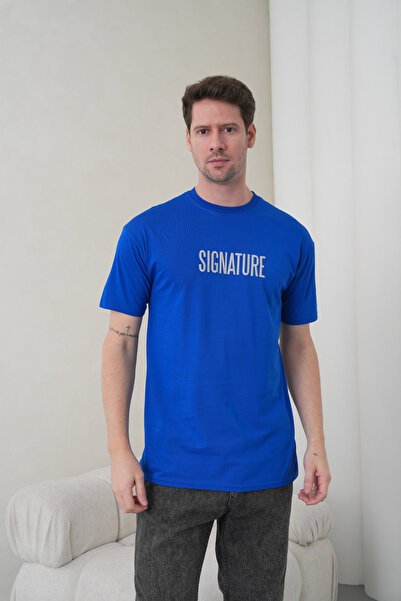 caddekombin Men's Cobalt Blue Signature Written High Printed Crew Neck T-Shirt