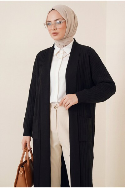 Modamorfo Corded Fabric Long Knitwear Cardigan with Handle Button Detail - Black