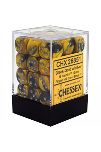 Chessex Zaruri Gemini 12mm d6 cu puncte (36 de zaruri) - Negru-Auriu cu Argint