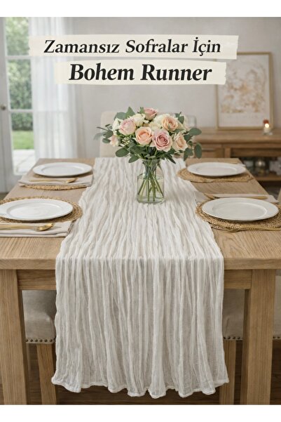 SOFT DEKOR Bohem Runner Doğal Bej Modern Ev Dekoru Düğün Nişan Masa Örtüsü Çe...