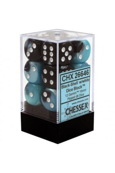 Chessex Gemini 16mm d6 with pips Dice Blocks (12 Dice) - Black-Shell w/white