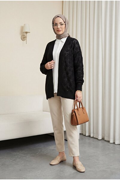 Modamorfo Patterned Araboy Knitted Knitwear Cardigan -Black