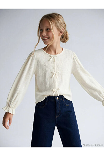 LC Waikiki Lcw Kids Ecru Bow Detail Girl's T-Shirt