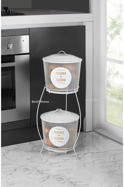 Reoona Lüx Ferforje Iki Katlı Metal Patates Ve Soğan Saklama Kovası Fileli Beyaz