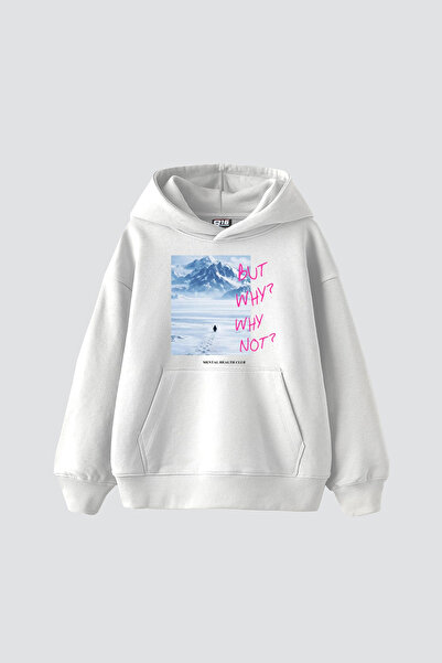 Bak Moda But Why Printed Oversized Unisex White Hoodie