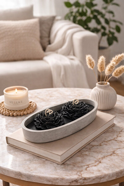 Lethe Design Şakayık Çiçek Mum Seti, Kayık Tabak, 3 Fitil, Beton Oval Kase, L...